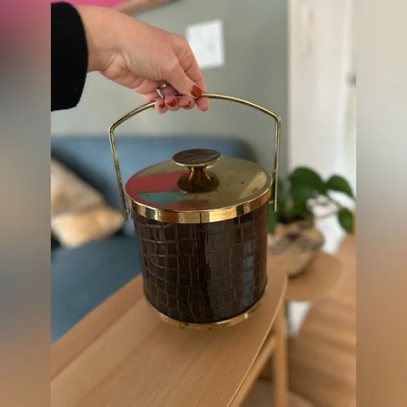 True Vintage Barware Leather & Brass ice bucket bar accessory drinks holiday - Picture 3 of 10